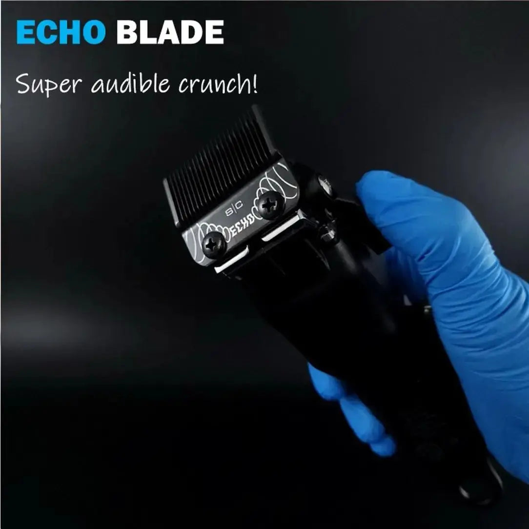 “Close-up of Echo Blade on Rebel super-torque clipper, zero-gap capable”