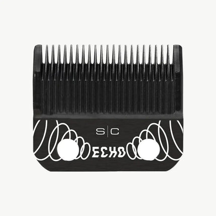 A black plastic clipper guide comb attachment with white graphic accents and the text 's|c ECHO' on the front, shown against a light gray background.