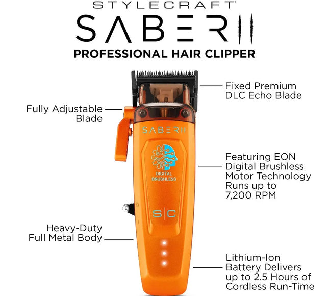 An orange Stylecraft Saber II professional hair clipper centered on a white background with multiple callout text labels pointing to features such as the adjustable blade, metal body, brushed motor, and battery life.