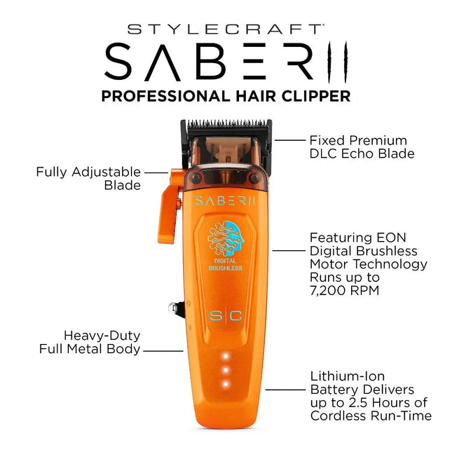 An orange Stylecraft Saber II professional hair clipper centered on a white background with multiple callout text labels pointing to features such as the adjustable blade, metal body, brushed motor, and battery life.