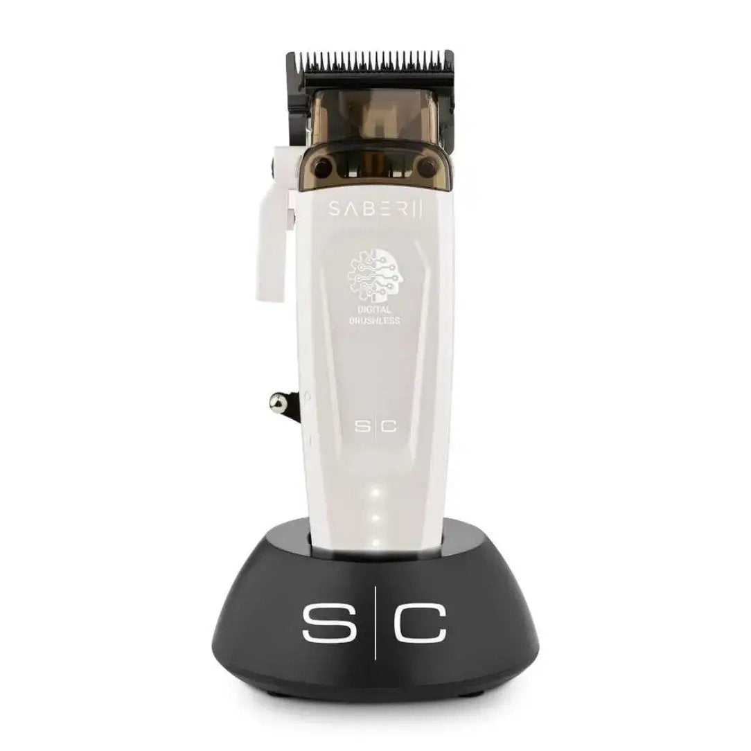 Hair trimmer with black and white design on a white background