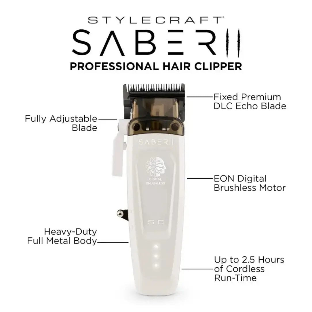 Saber 2 Professional Hair Clipper with EON Digital Brushless Motor – White Limited Edition Stylecraft