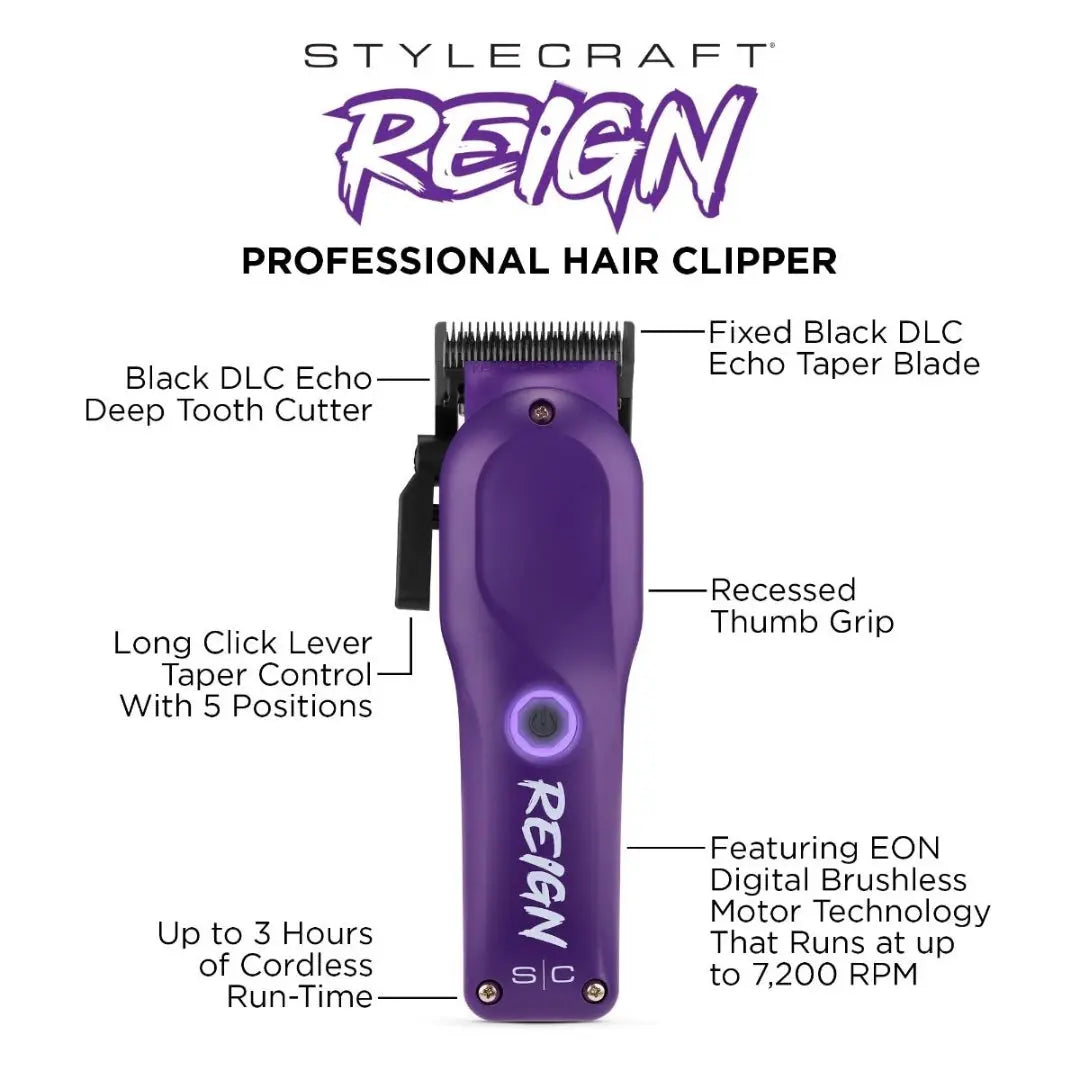 Purple hair clipper with labeled features on a white background, featuring the Stylecraft Reign brand.