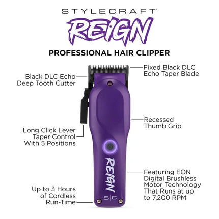 Purple hair clipper with labeled features on a white background, featuring the Stylecraft Reign brand.
