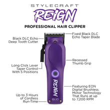 Purple hair clipper with labeled features on a white background, featuring the Stylecraft Reign brand.