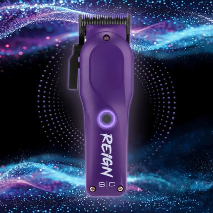 stylecraft  Purple hair clipper with 'Reign' branding on a starry space-themed background
