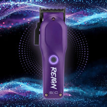 stylecraft  Purple hair clipper with 'Reign' branding on a starry space-themed background