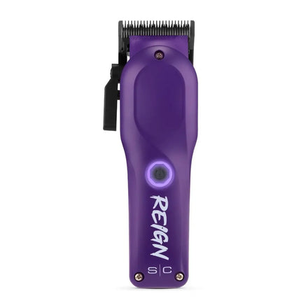 Purple hair clipper with 'Reign' branding on a white background