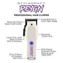 Stylecraft Reign professional hair clipper with features highlighted on a white background