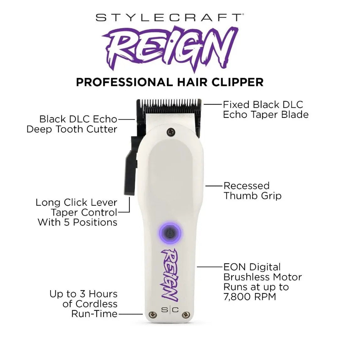 Stylecraft Reign professional hair clipper with features highlighted on a white background