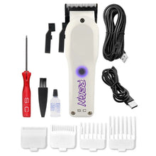 Hair trimmer set with attachments and accessories on a white background