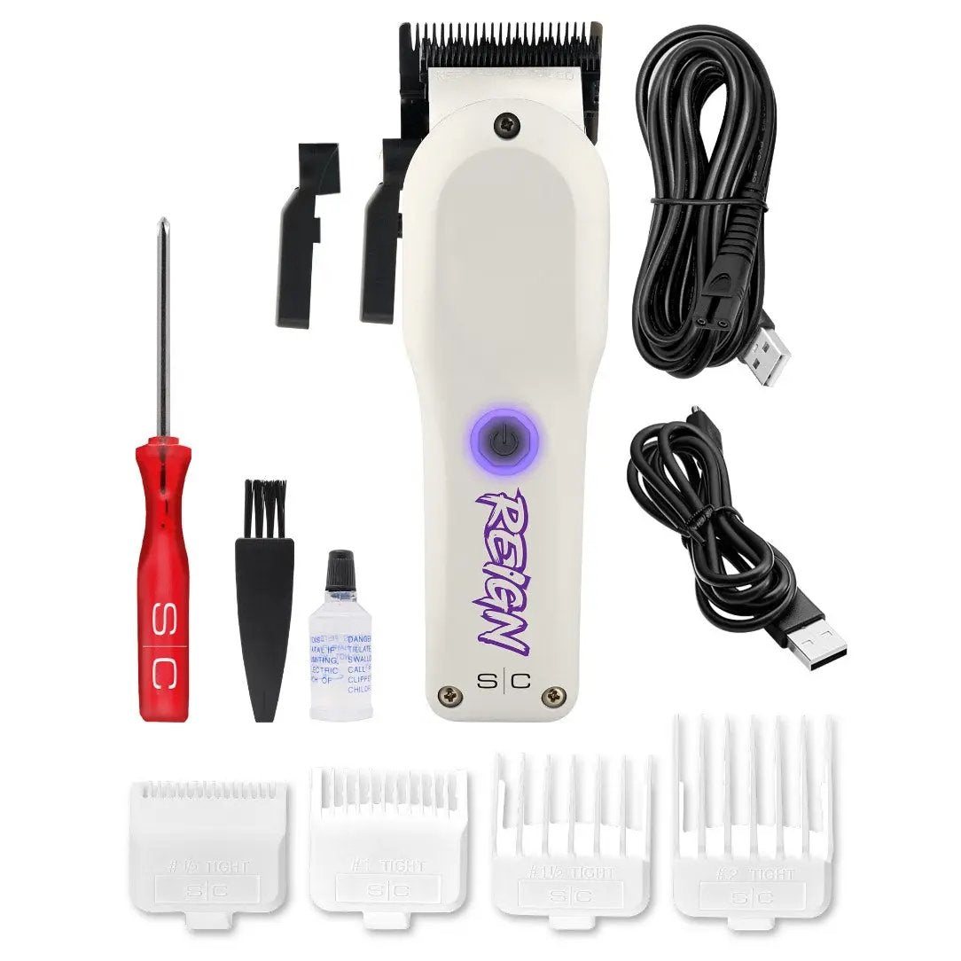 Hair trimmer set with attachments and accessories on a white background