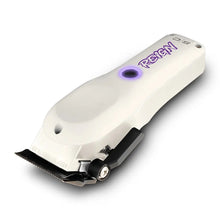 White grooming clipper with purple logo on a white background