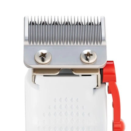 Rival Metal Hair Clipper with Digital Display Close-up of a grooming clipper blade with metal comb and red handle on a white background