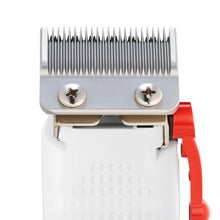 Rival Metal Hair Clipper with Digital Display Close-up of a grooming clipper blade with metal comb and red handle on a white background