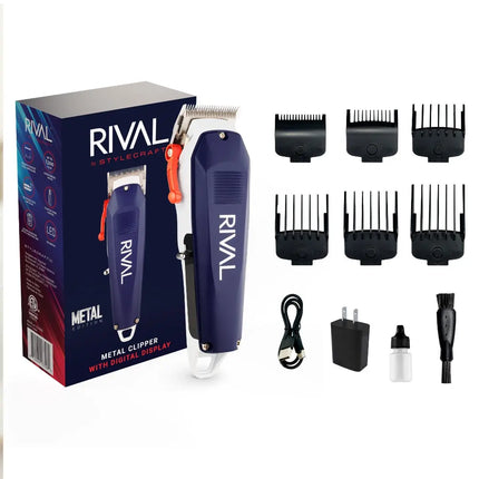 Rival metal clipper set with packaging, clipper, and attachments on a white background