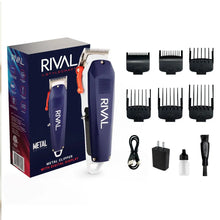 Rival metal clipper set with packaging, clipper, and attachments on a white background