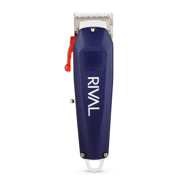 Blue hair clipper with 'Rival' branding on a white background