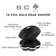 Black bald head shaver with features listed on a white background