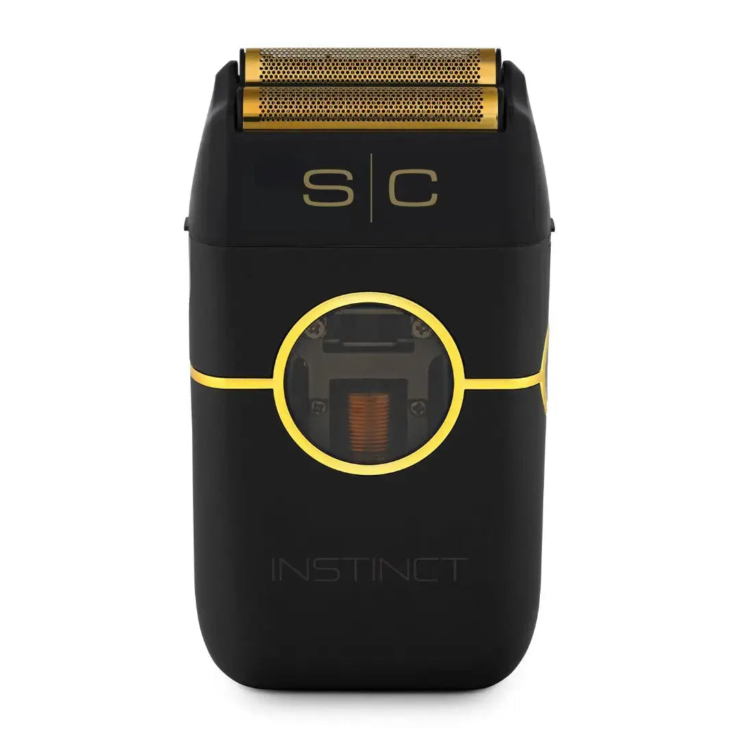Black and gold electric shaver with 'SC' branding on a white background