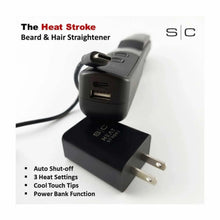 StyleCraft Heat Stroke Wireless Hot Brush Matte Black Beard and hair straightener with power adapter on a white background, featuring text about its features.