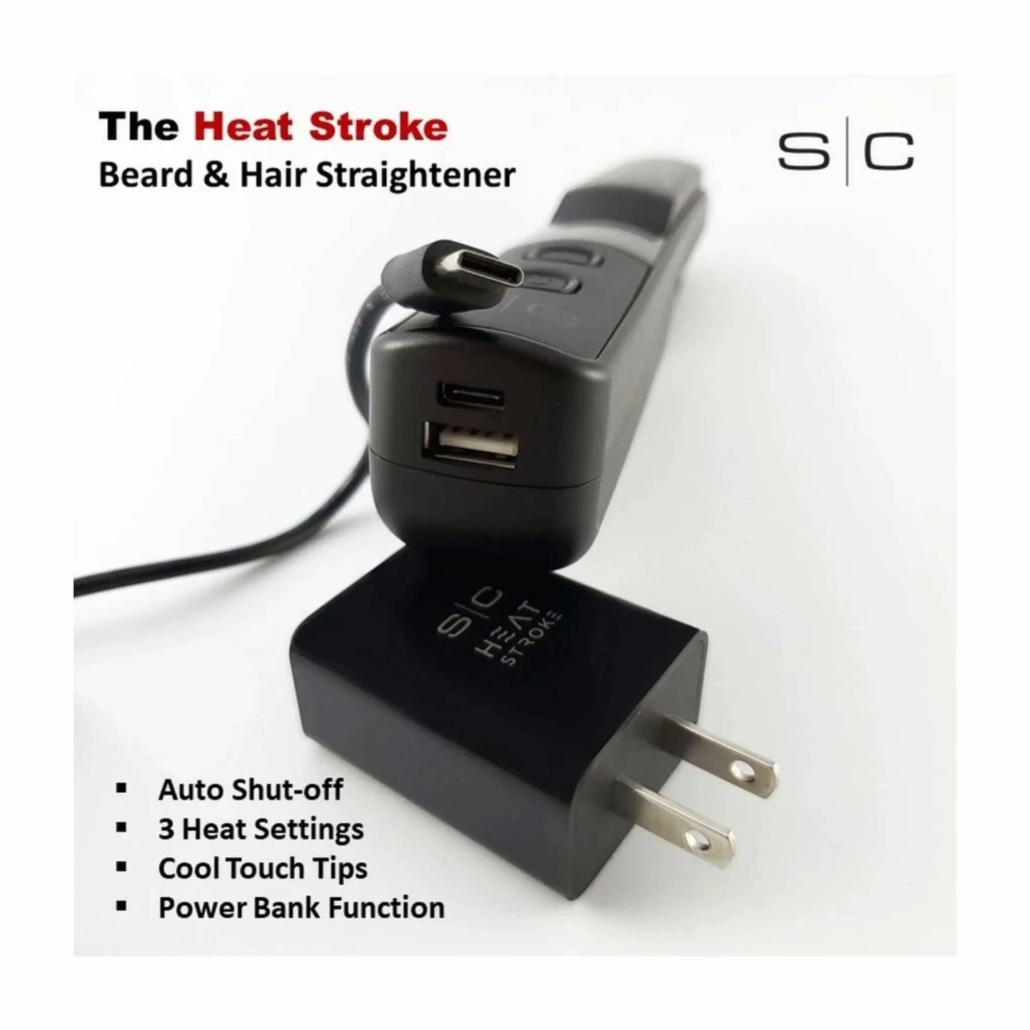 StyleCraft Heat Stroke Wireless Hot Brush Matte Black Beard and hair straightener with power adapter on a white background, featuring text about its features.