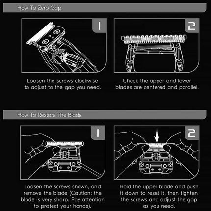 Instructions for zeroing gap and restoring a blade on a mechanical device.