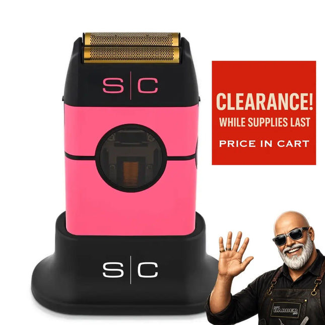 Pink and black shaver with 'SC' branding and a promotional banner on a white background.