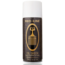 A sleek aerosol can of Pro-Line Oil Sheen with a radiant glow illustrating the product's shine effect on hair.