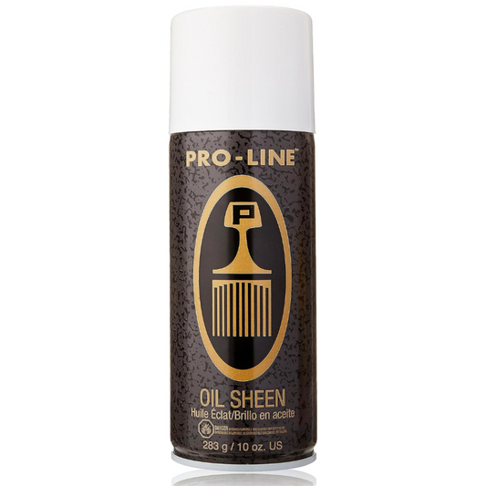 A sleek aerosol can of Pro-Line Oil Sheen with a radiant glow illustrating the product's shine effect on hair.