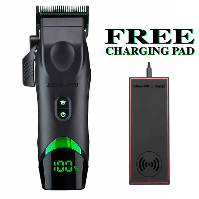 "Front angle view of the BabylissPRO x Tomb45 Wireless-Charging Clipper showing its sleek design." and free charging pad