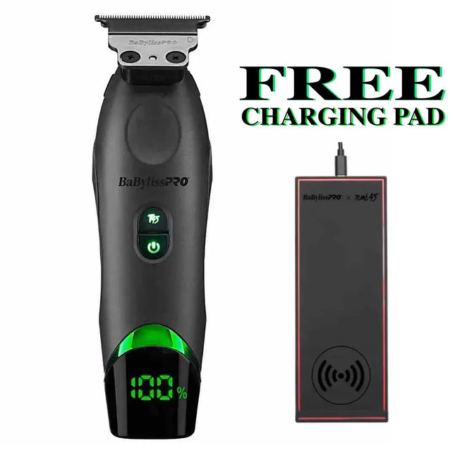 "Front view of the BaBylissPRO x Tomb45 Wireless Charging Trimmer showcasing its reversed deep-tooth T-blade" and free charging pad