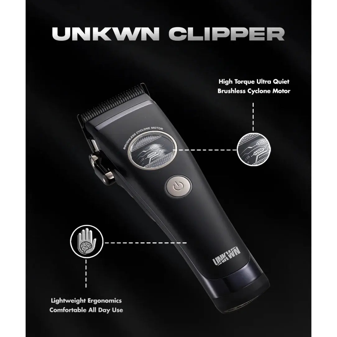 Black hair clipper with features highlighted on a dark background, branded 'UNKWN Clipper'.