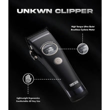 Black hair clipper with features highlighted on a dark background, branded 'UNKWN Clipper'.