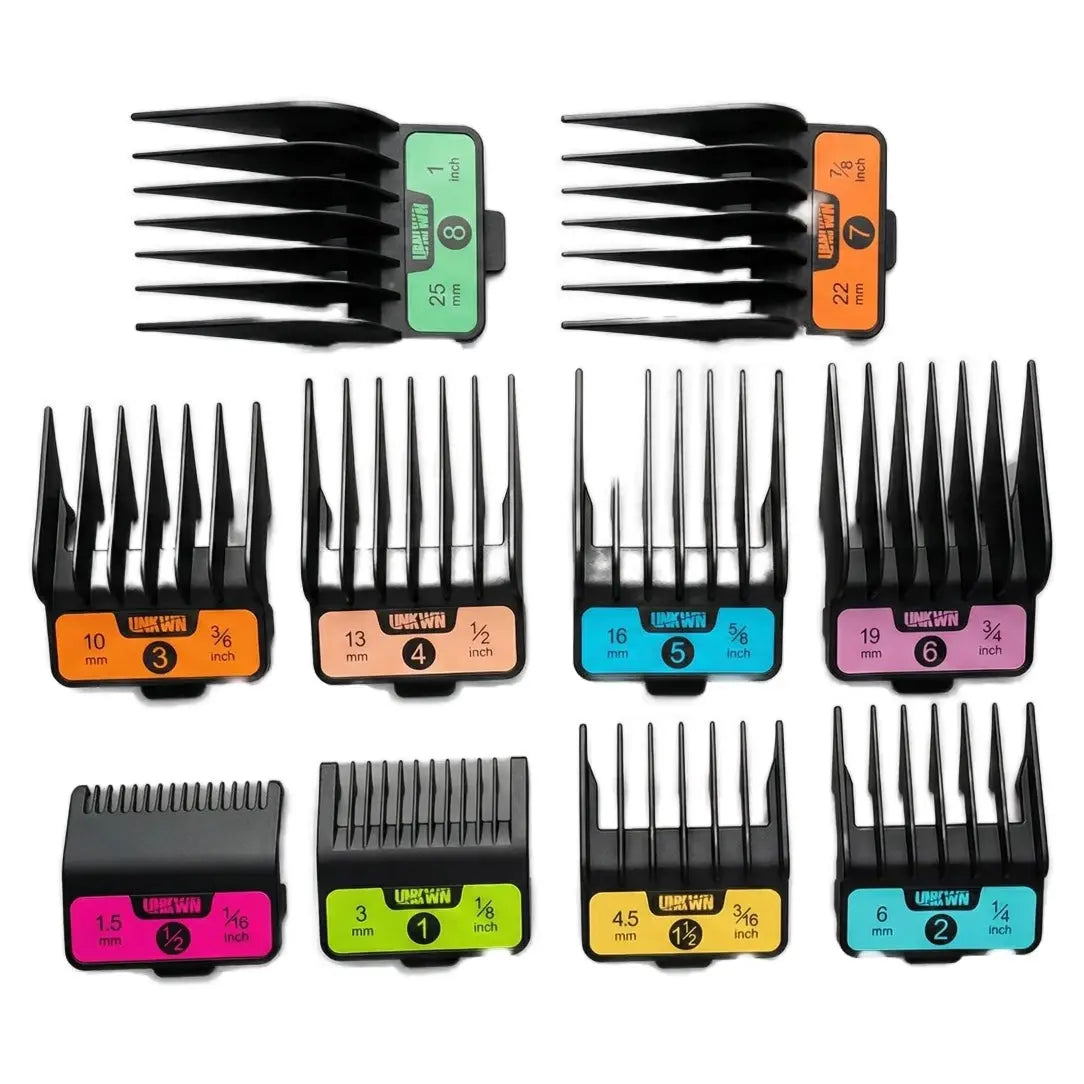 Set of multiple hair clipper combs with color-coded guides on a white background UNKWN Vortex Cyclone Clipper