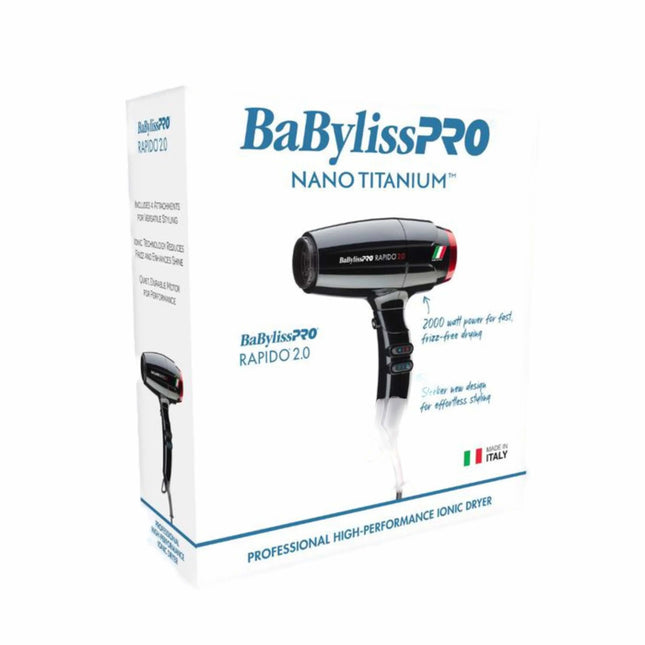 BaBylissPro Nano Titanium hair dryer with packaging on a white background