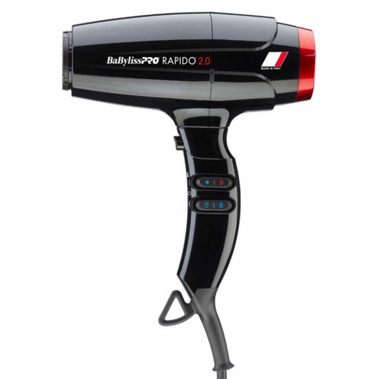 Black BaBylissPRO Rapido 2.0 hair dryer on a white background