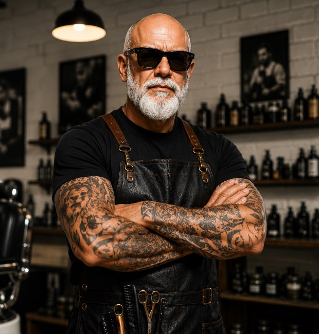 A tattooed man with a white beard and sunglasses stands with arms crossed in a barbershop or workshop setting, wearing a black leather apron over a black shirt. Shelves with bottles and framed black-and-white photos are visible in the background  at buybarber.com