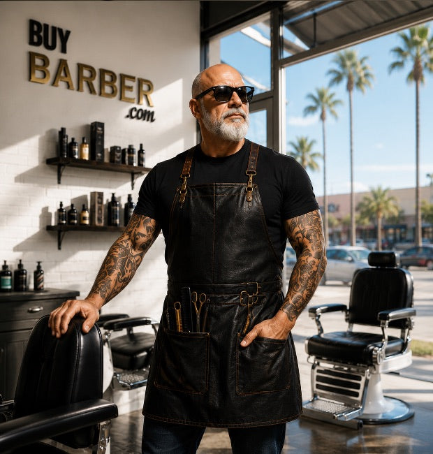 A tattooed man wearing a black leather barber apron over a black t-shirt and sunglasses stands in a modern barbershop at buybarber.com with black barber chairs, palm trees, and a storefront in the background.