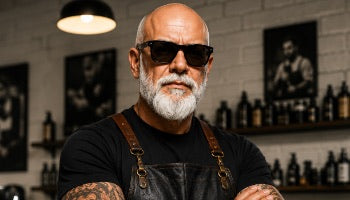 A bald man with a white beard and sunglasses, wearing a black t-shirt and brown leather apron straps, standing in a bar or restaurant setting with shelves of bottles and framed pictures in the background at buybarber.com