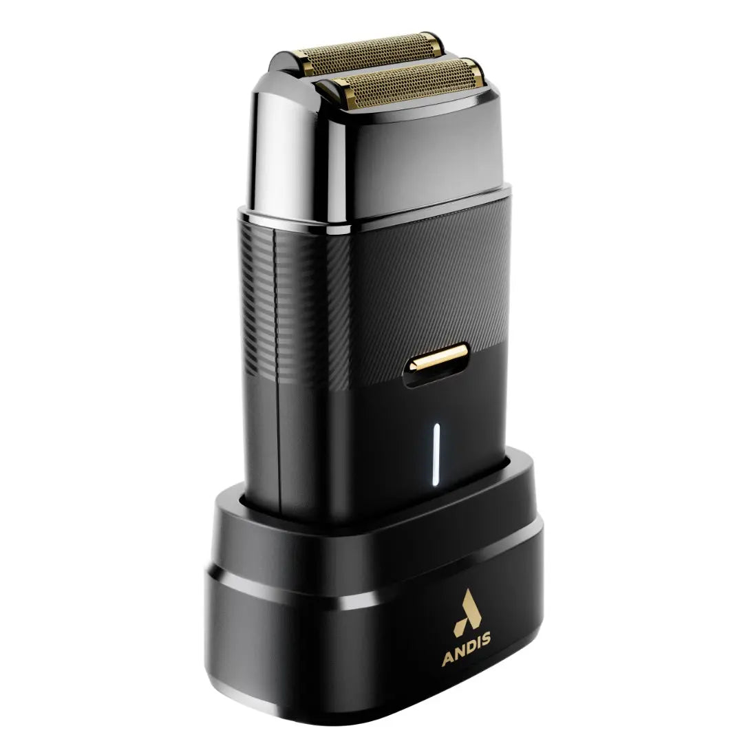 Andis ProFoil Plus II  Black and gold Andis shaver on a white background