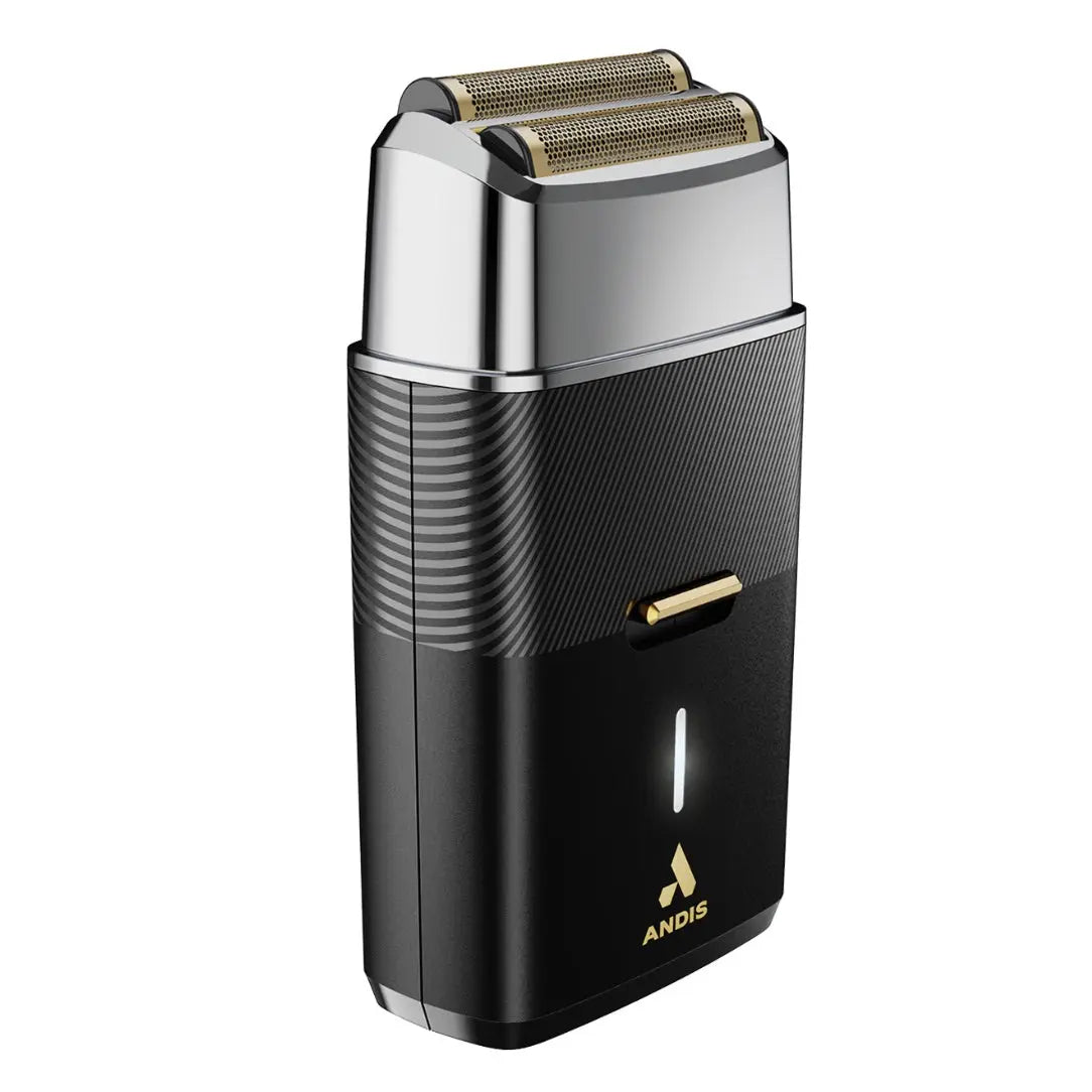 Black and silver electric shaver with Andis ProFoil Plus II  logo on a white background