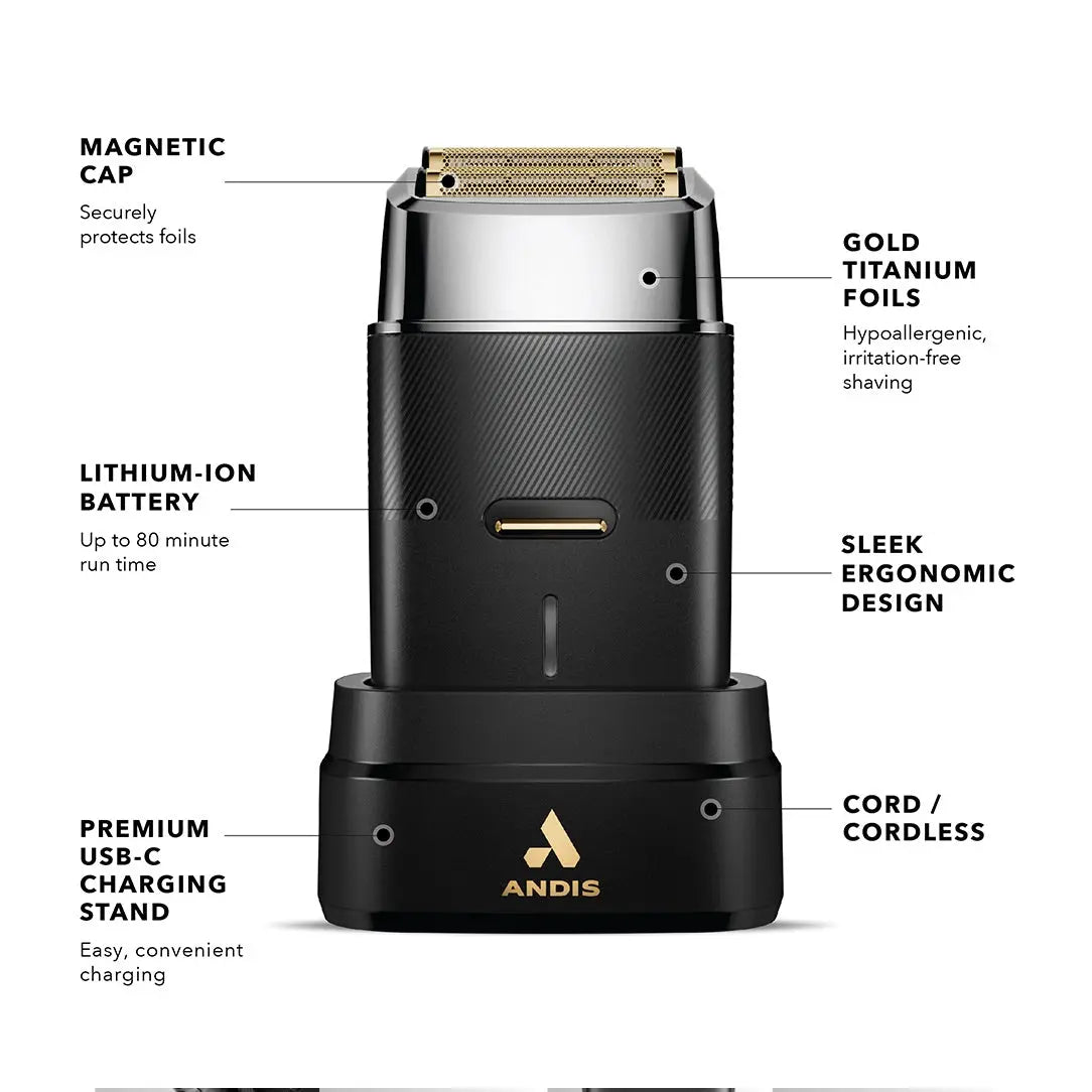 Andis ProFoil Plus II  electric shaver with features highlighted on a white background