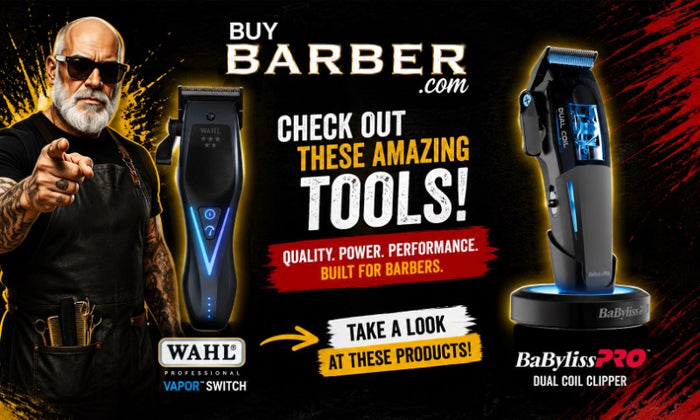Promotional banner for barber tools featuring a man pointing toward two electric clippers on a black background with bold text. Visible products include a Wahl Vapor Switch clipper and a BabylissPRO dual coil clipper.