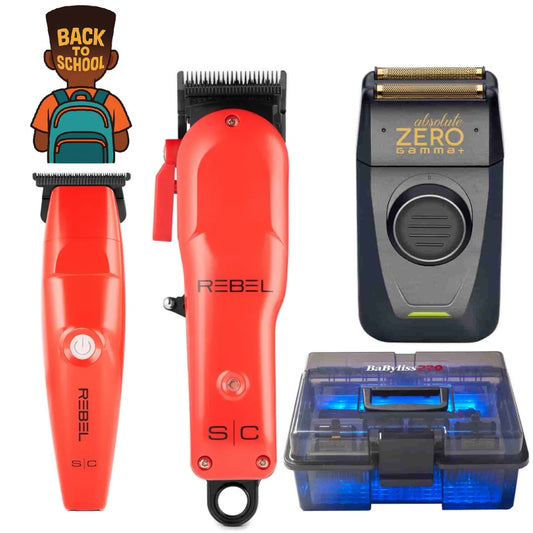Set of hair clippers and a shaver with a blue toolbox on a white background.