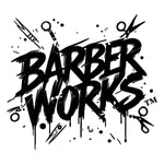 Black graffiti-style 'BARBER WORKS' text with scissors, razors, and paint splatter graphics on a white background.