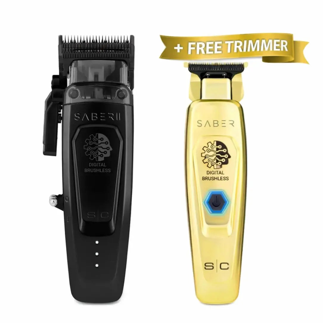 Saber 2 cordless clipper and Saber trimmer bundle showing free trimmer offer