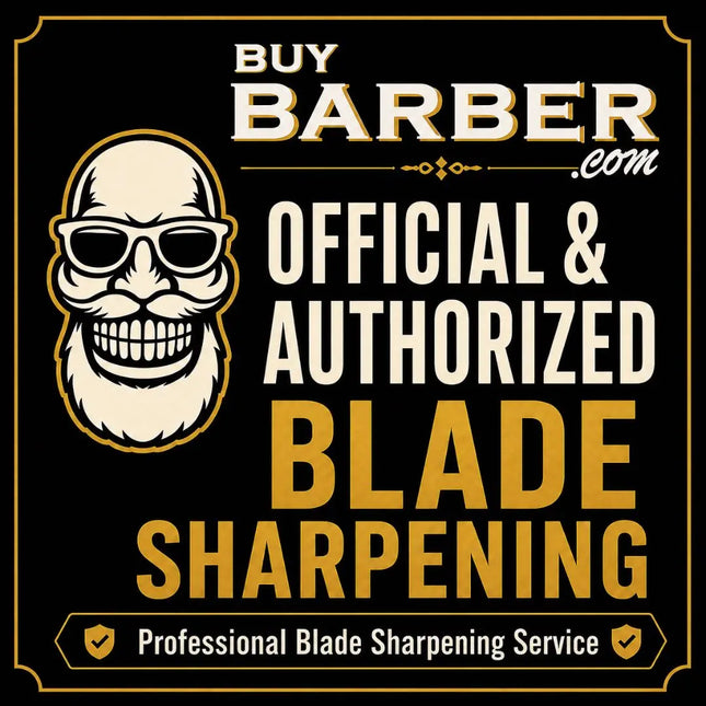 Promotional graphic for Buy Barber.com official authorized blade sharpening, featuring a stylized cartoon bearded man wearing sunglasses on a black background with gold and white text.