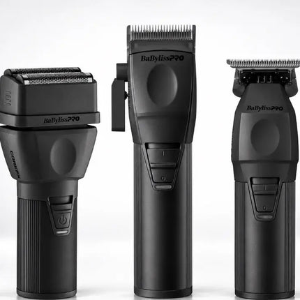Three black Balayage Pro electric grooming devices shown upright against a light gray studio background: a trimmer attachment, a clipper body, and a second clipper head.