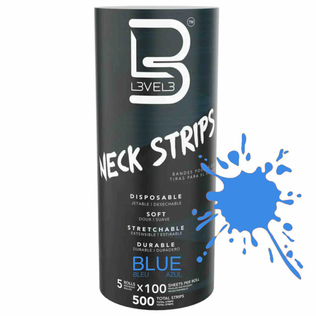 Level 3 neck strips packaging with blue splatter design on a white background